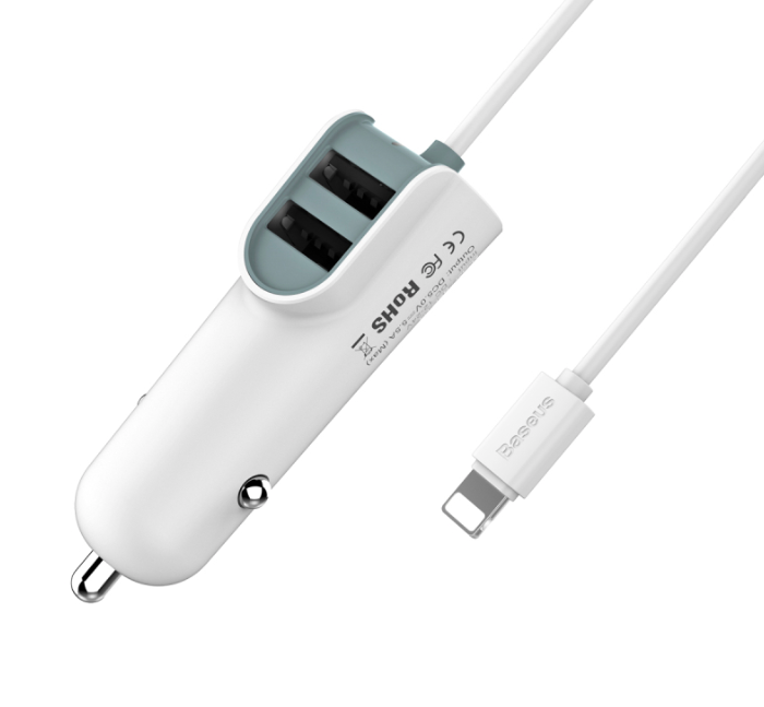 Автомобилная зарядка для iPhone Baseus Multi Car Charger 2USB + Lightning 5.5A Белая - Изображение 61101