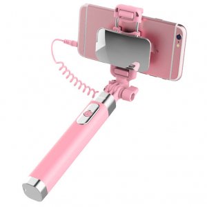 Монопод для селфи Rock Selfie Stick With Wire Control and Mirror для смартфона Розовый