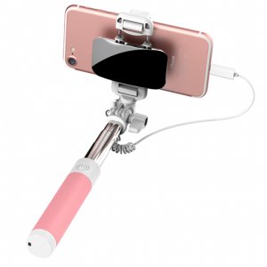 Монопод для селфи Rock Selfie Stick Lightning With Wire Control and Mirror для смартфона Розовый