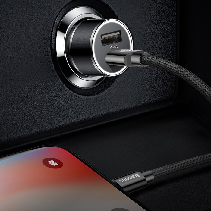 Автомобильная зарядка для телефона в прикуриватель Baseus Small Screw 3.4A Dual-USB iP Car Charging Set Черная - Изображение 65374