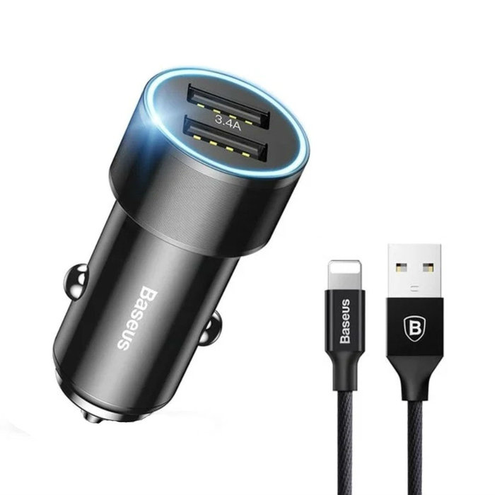Автомобильная зарядка для телефона в прикуриватель Baseus Small Screw 3.4A Dual-USB iP Car Charging Set Черная - Изображение 64554
