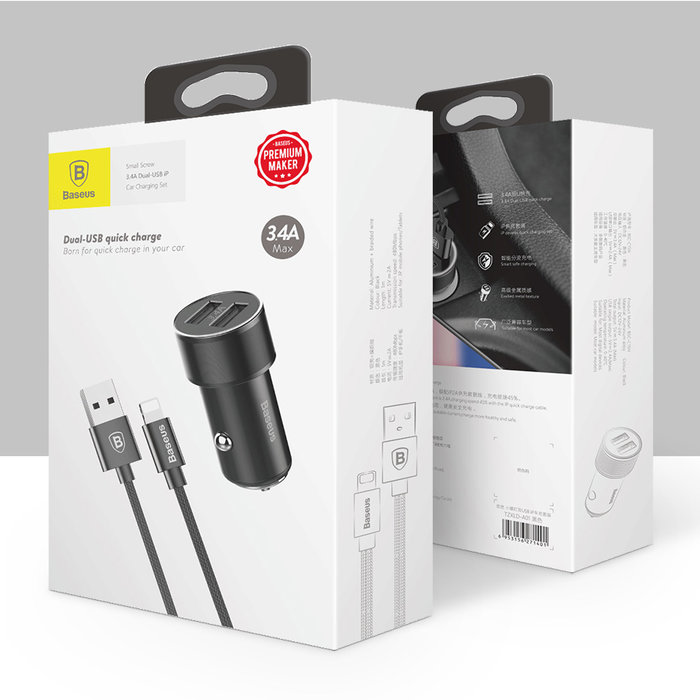 Автомобильная зарядка для телефона в прикуриватель Baseus Small Screw 3.4A Dual-USB iP Car Charging Set Черная - Изображение 64578