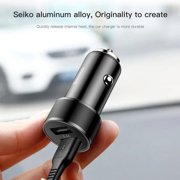 Автомобильная зарядка для телефона в прикуриватель Baseus Small Screw 3.4A Dual-USB iP Car Charging Set Черная - Изображение 64593