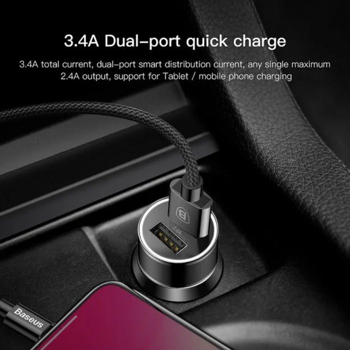 Автомобильная зарядка для телефона в прикуриватель Baseus Small Screw 3.4A Dual-USB iP Car Charging Set Черная - Изображение 64610