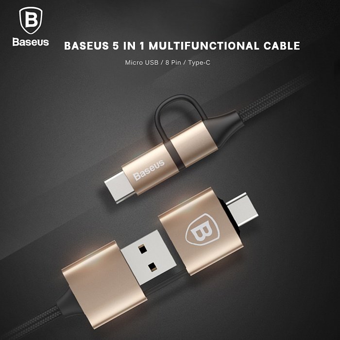 Кабель Baseus Multifunctional 5 в 1 Lightning + Micro-USB + Type-C 1м Золотой - Изображение 39770