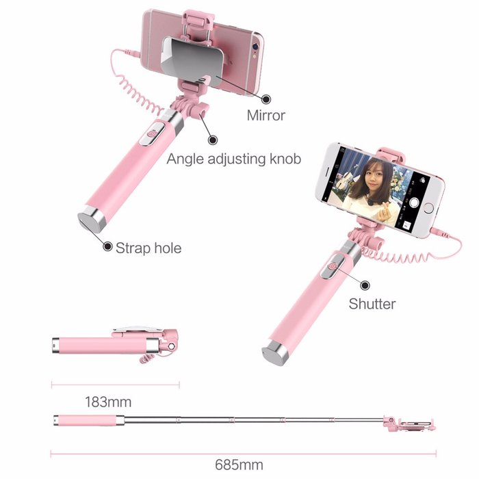 Монопод для селфи Rock Selfie Stick With Wire Control and Mirror для смартфона Розовый - Изображение 41272