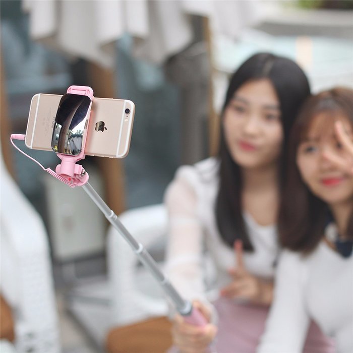 Монопод для селфи Rock Selfie Stick With Wire Control and Mirror для смартфона Розовый - Изображение 41274