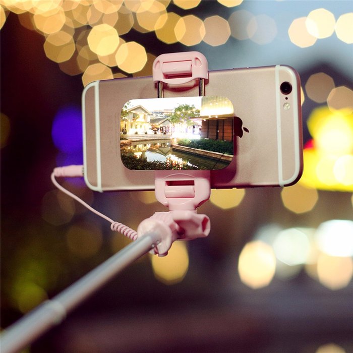 Монопод для селфи Rock Selfie Stick With Wire Control and Mirror для смартфона Розовый - Изображение 41278