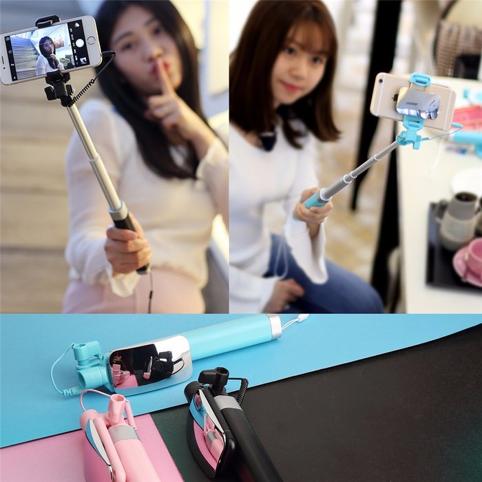 Монопод для селфи Rock Selfie Stick With Wire Control and Mirror для смартфона Розовый - Изображение 41280
