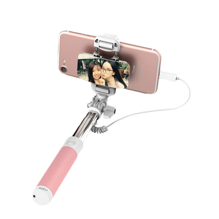 Монопод для селфи Rock Selfie Stick Lightning With Wire Control and Mirror для смартфона Розовый - Изображение 41290