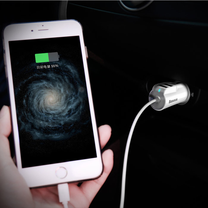 Автомобилная зарядка для iPhone Baseus Multi Car Charger 2USB + Lightning 5.5A Белая - Изображение 61105
