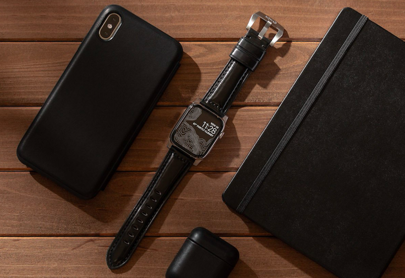 Кожаный ремешок Nomad Shell Cordovan для Apple Watch (44мм) Черный с серебряной застежкой