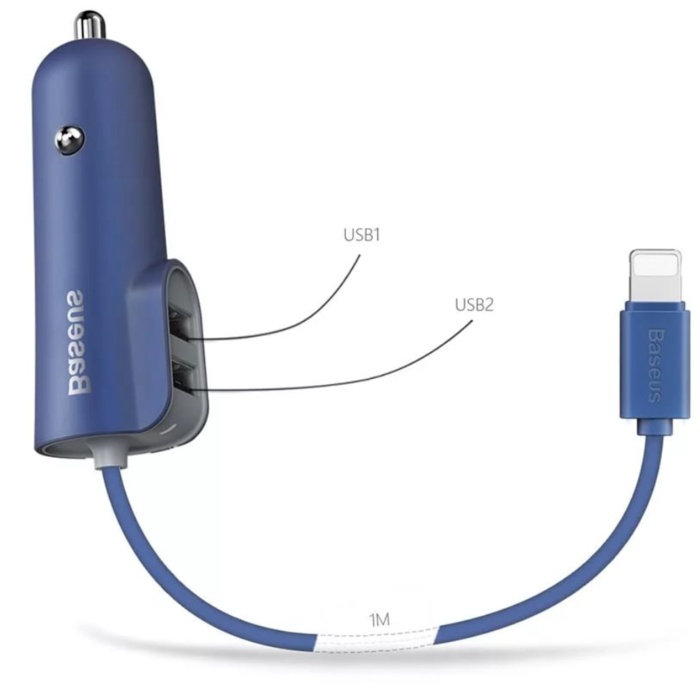 Автомобилная зарядка для iPhone Baseus Multi Car Charger 2USB + Lightning 5.5A Синяя - Изображение 16327